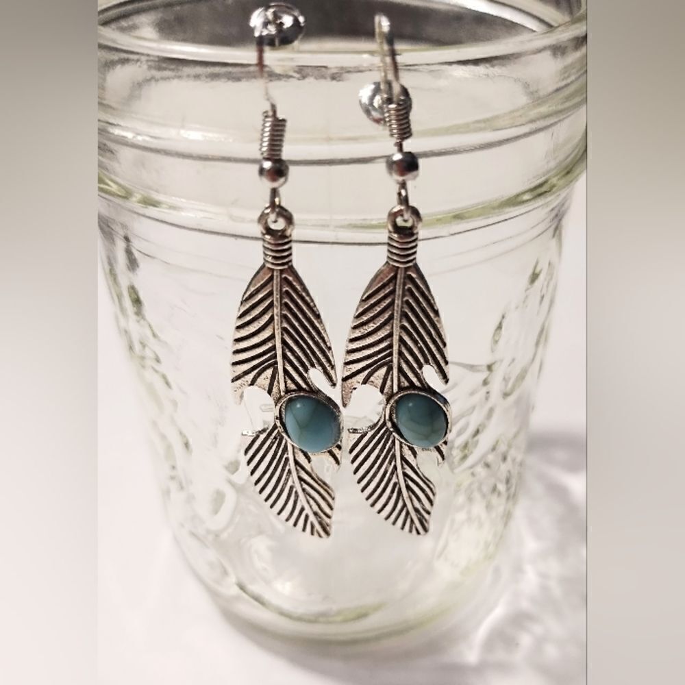earrings turquoise‎ feather dangle new d72